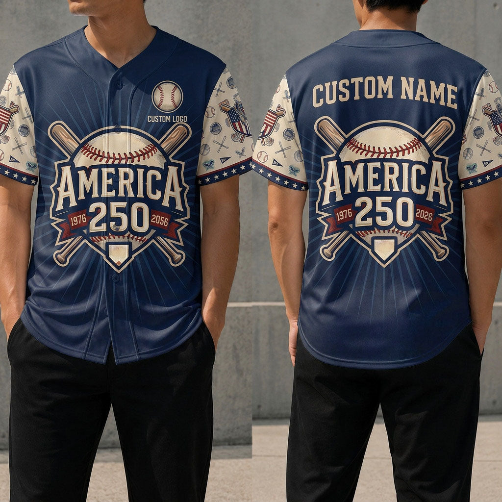 Front and back view of the America 250th anniversary baseball jersey