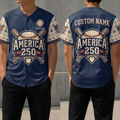 Front and back view of the America 250th anniversary baseball jersey