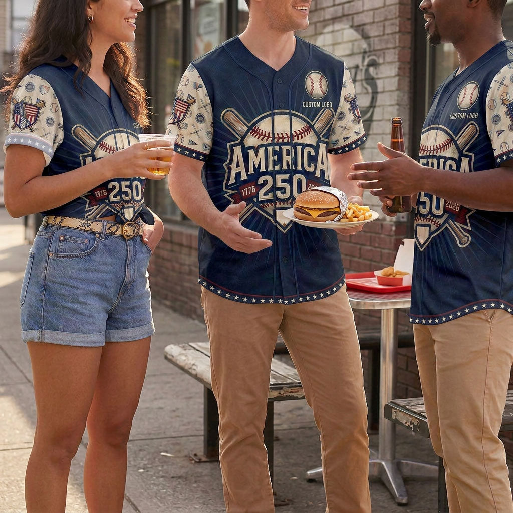 Group of people wearing America 250th anniversary baseball jerseys outdoors