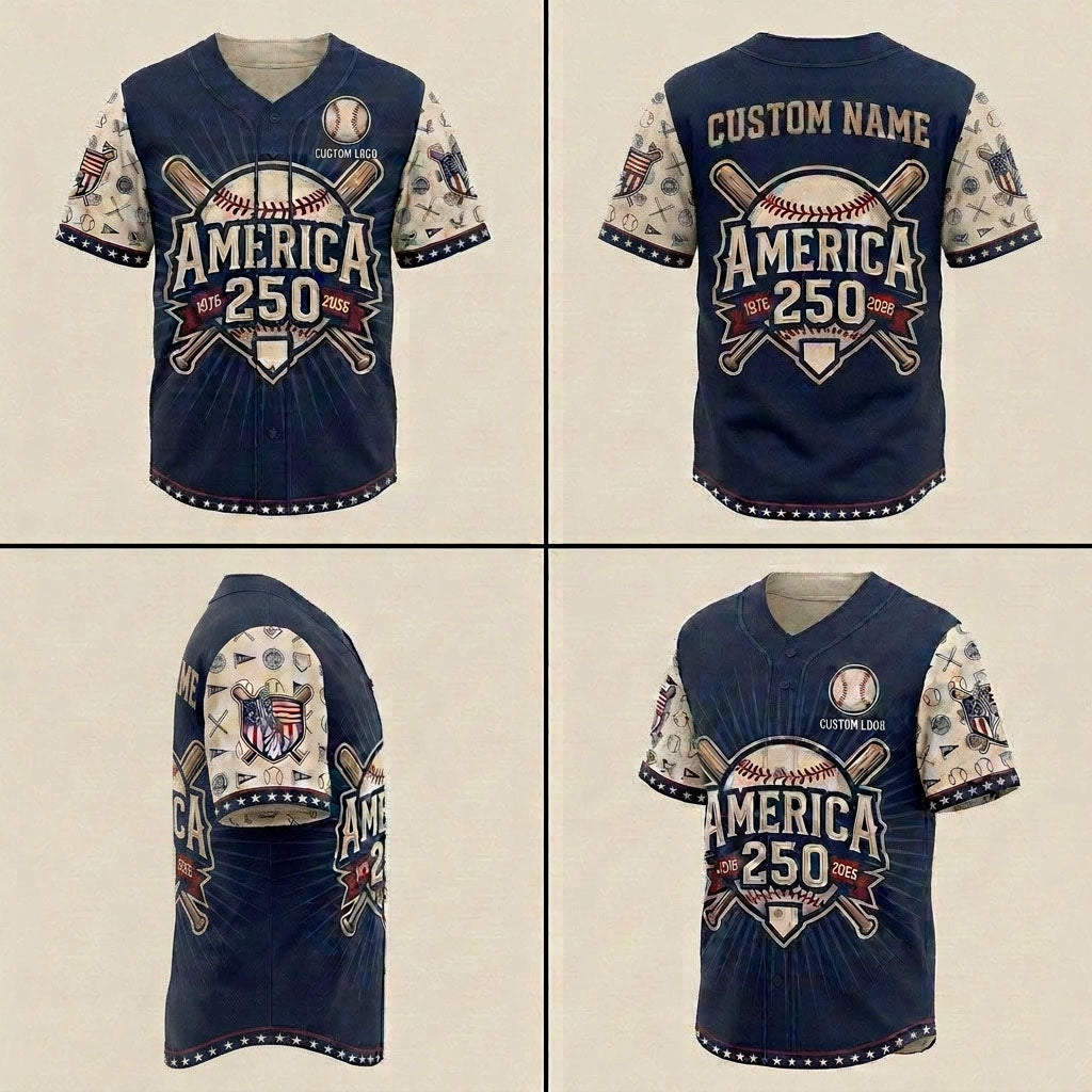 Product grid showing multiple angles of the America 250th custom jersey