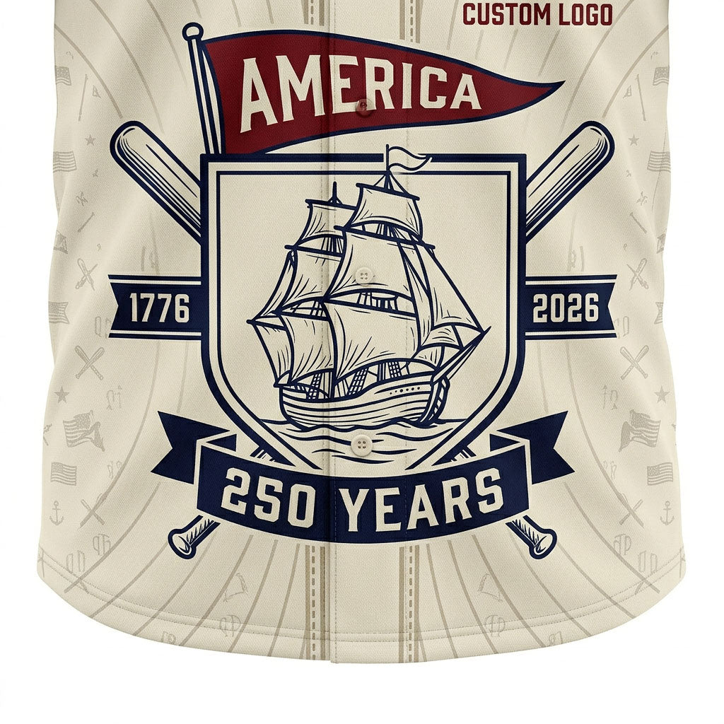 Closeup detail of the vintage ship and America 250 Years emblem on jersey