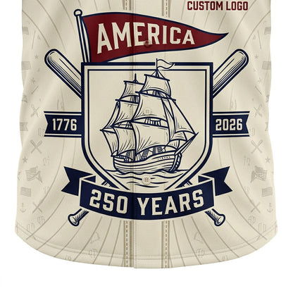 Closeup detail of the vintage ship and America 250 Years emblem on jersey