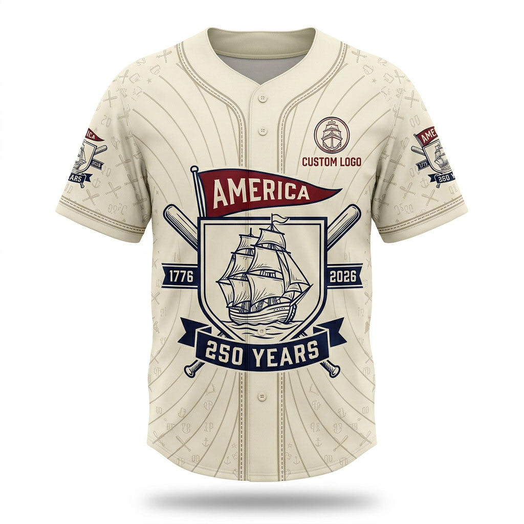 Flatlay view of the cream colored America 250 Years baseball jersey