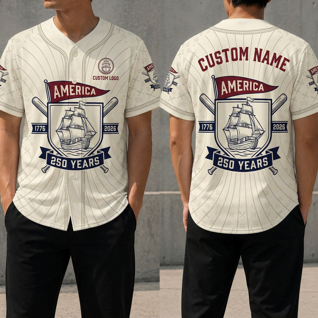 Front and back view of the America 250 Years historic baseball jersey