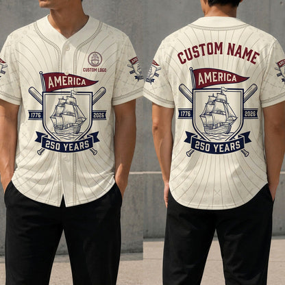 Front and back view of the America 250 Years historic baseball jersey