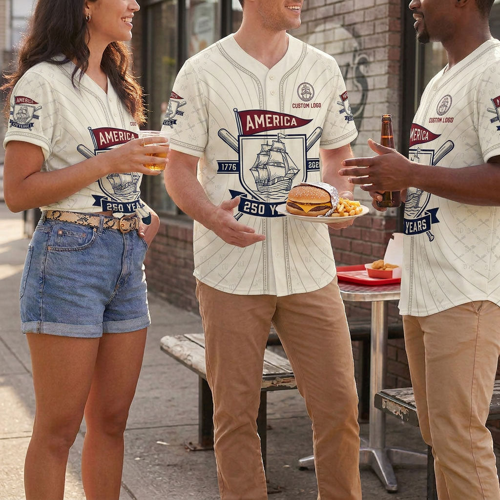 Friends wearing America 250 Years commemorative baseball jerseys outdoors