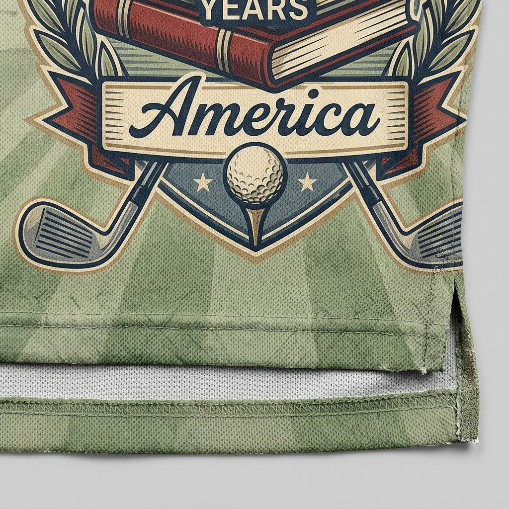 Close-up of the books and 250 Years anniversary embroidery on the golf polo