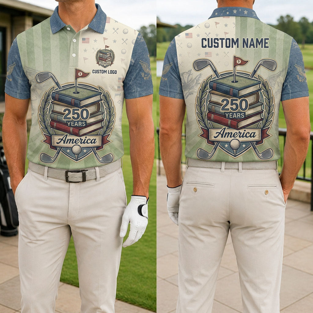 Front and back view of the America 250th Anniversary Education and Golf Polo shirt