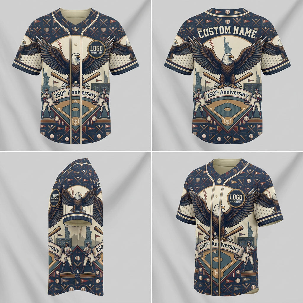 Four-way product presentation template showcasing the front, back, side silhouette print, and angled view of the patriotic eagle baseball jersey.