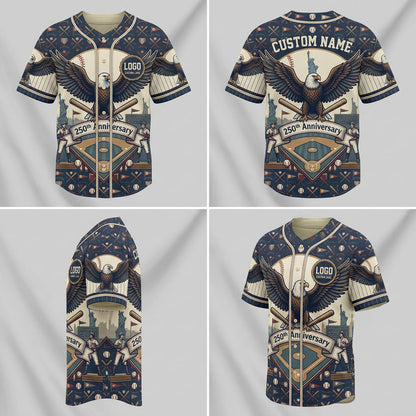 Four-way product presentation template showcasing the front, back, side silhouette print, and angled view of the patriotic eagle baseball jersey.