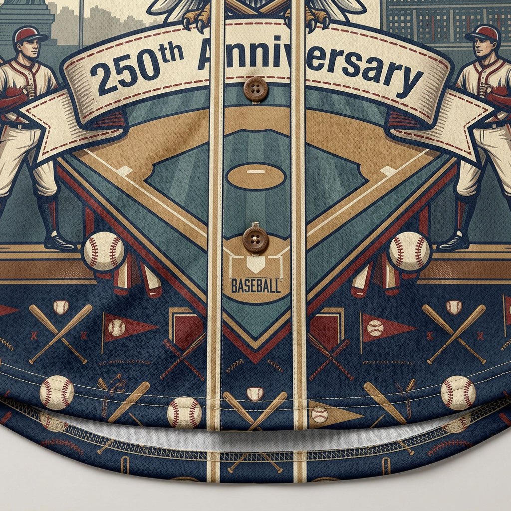 Extreme close-up of the front button placket on the navy jersey showcasing the detailed 250th Anniversary ribbon text and baseball diamond layout print.