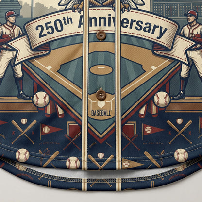 Extreme close-up of the front button placket on the navy jersey showcasing the detailed 250th Anniversary ribbon text and baseball diamond layout print.