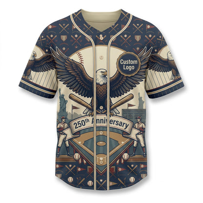 Premium flatlay of the custom navy american eagle 250th anniversary baseball shirt isolated on a solid white background for store display.