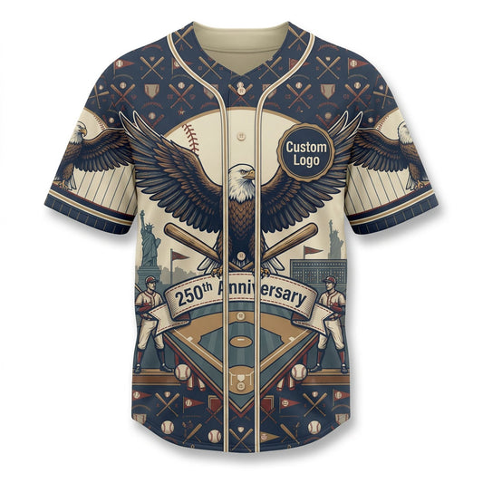 Premium flatlay of the custom navy american eagle 250th anniversary baseball shirt isolated on a solid white background for store display.