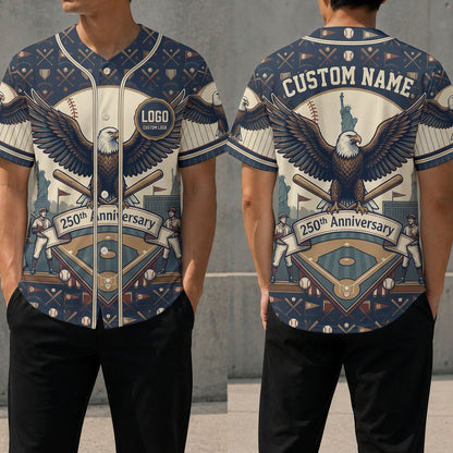 Front and back view of a navy blue USA 250th anniversary baseball jersey featuring a large bald eagle graphic, baseball diamond, and stadium artwork.