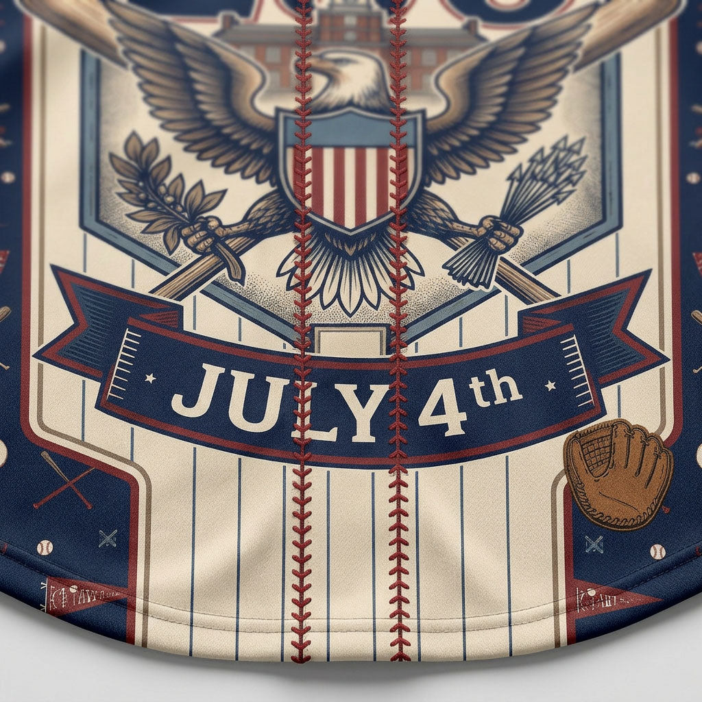 Extreme close-up of the lower front print on the navy jersey showing the detailed July 4th ribbon banner and a brown leather baseball glove icon.