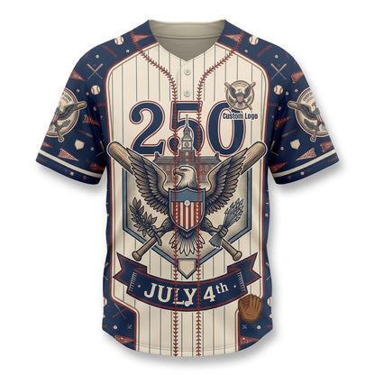 Premium flatlay of the custom American eagle July 4th anniversary baseball jersey isolated on a solid white background for store display.