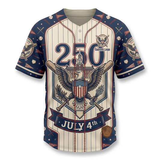 Premium flatlay of the custom American eagle July 4th anniversary baseball jersey isolated on a solid white background for store display.