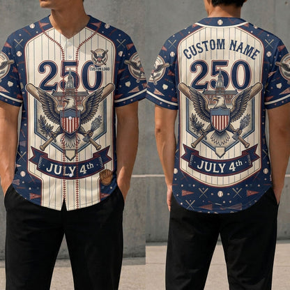 Front and back view of a navy pinstripe USA 250th anniversary baseball jersey featuring a majestic bald eagle shield and Independence Hall art.