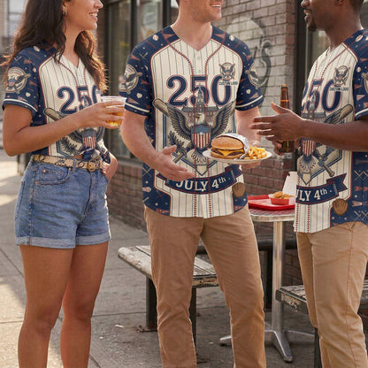 A diverse group of friends chatting outdoors and enjoying fast food while wearing matching navy pinstripe American eagle July 4th jerseys.