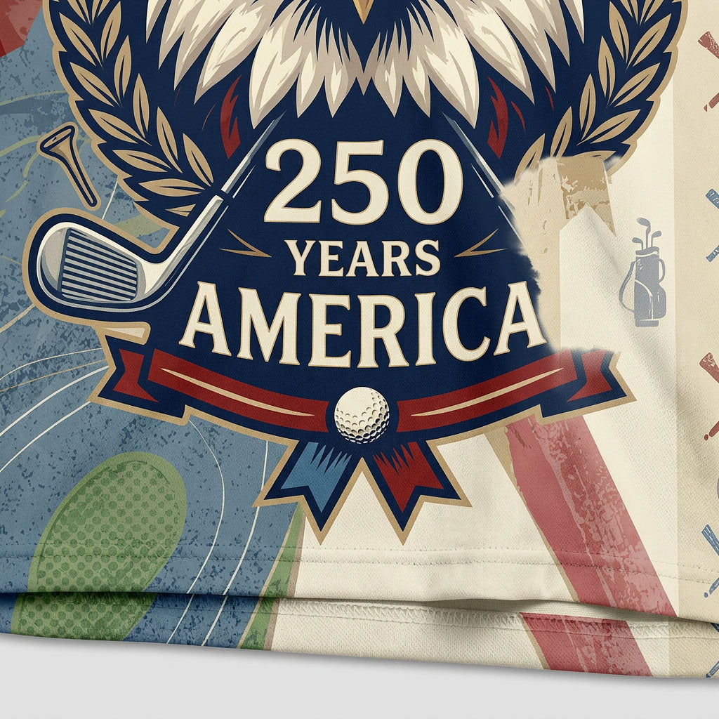 Detailed closeup of the American Eagle and 250 Years America embroidery on golf polo fabric
