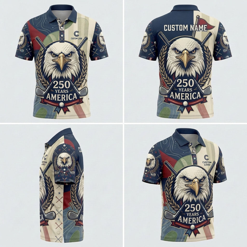 Multi-angle product display of the American Eagle 250th anniversary golf polo for men