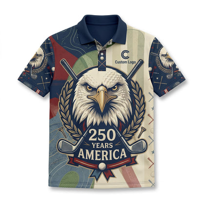 Premium flatlay of the commemorative American Eagle 250th anniversary golf polo