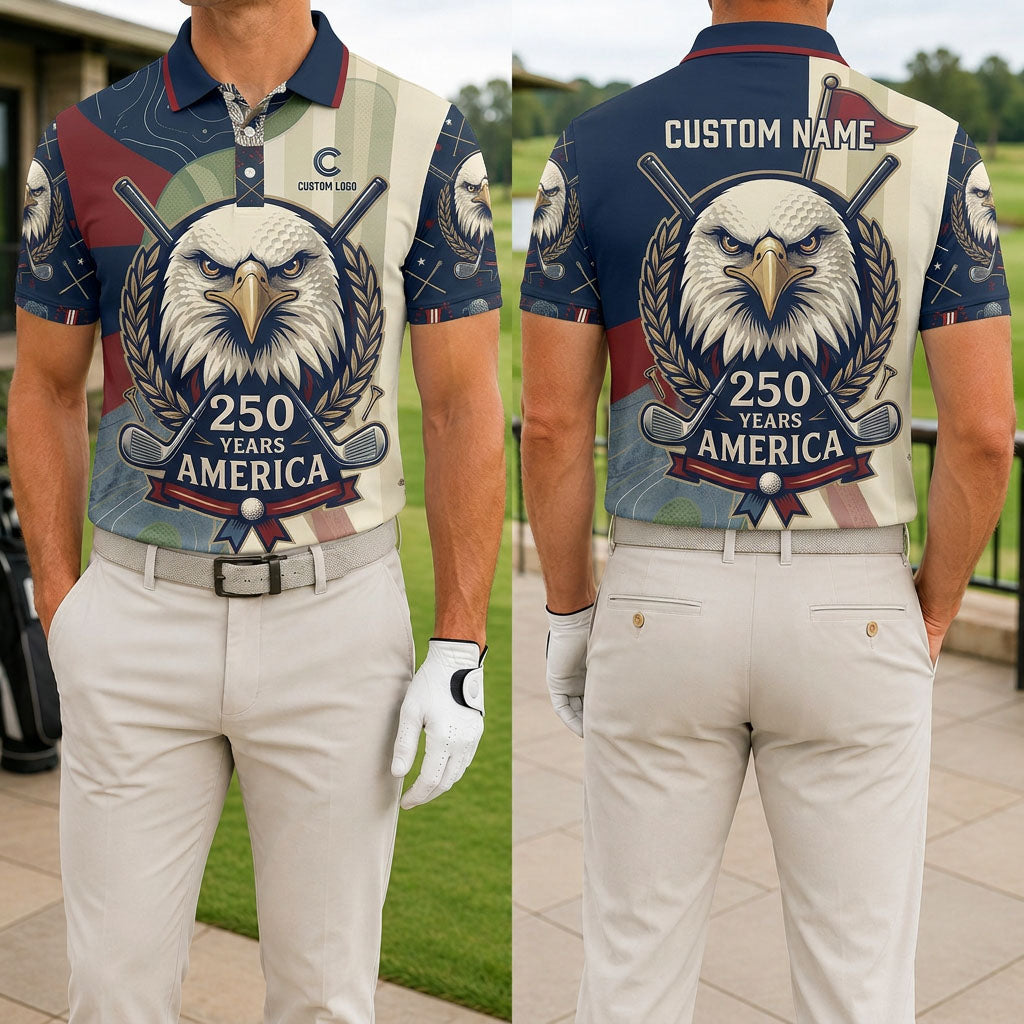 Front and back view of the American Eagle 250th anniversary custom golf polo