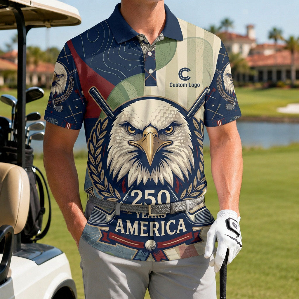 Golfer wearing the American Eagle 250th anniversary performance polo on the golf course