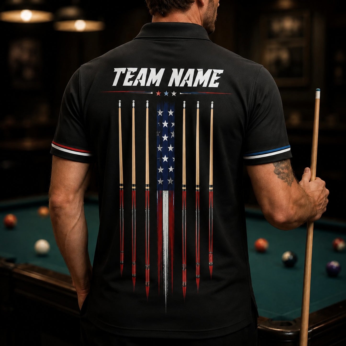 American Flag 8 Ball Sport Custom Billiard Polo Shirt Back View