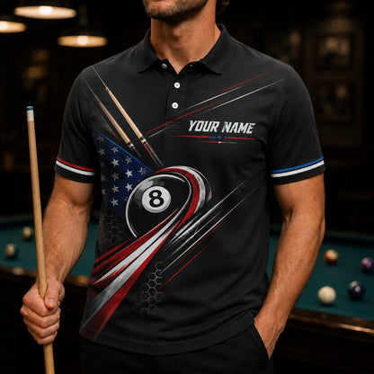 American Flag 8 Ball Sport Custom Billiard Polo Shirt Front View