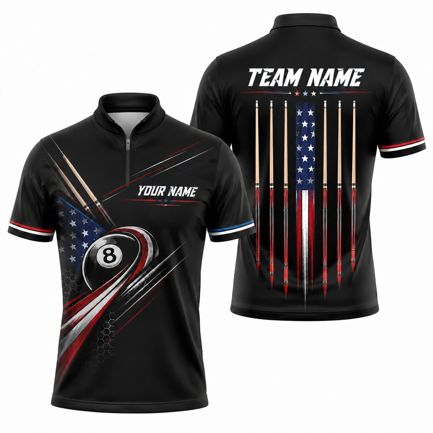 American Flag 8 Ball Sport Custom Billiard Polo Shirt Jersey Zip 1 4 Collar