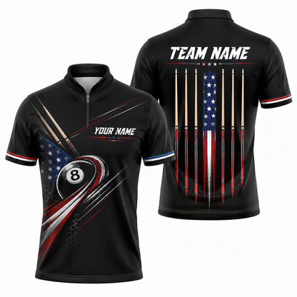 American Flag 8 Ball Sport Custom Billiard Polo Shirt Jersey Zip 1 4 Collar