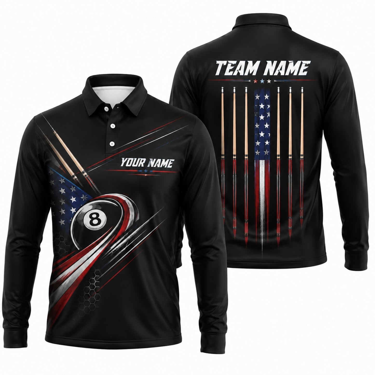 American Flag 8 Ball Sport Custom Billiard Polo Shirt Long Sleeve Polo