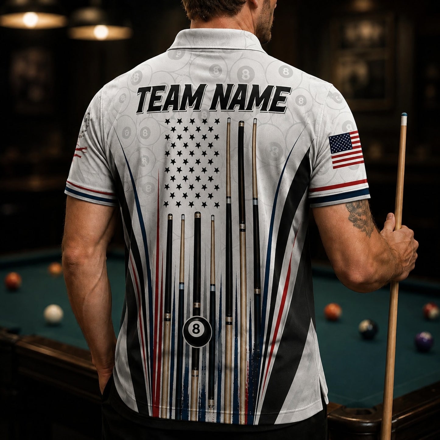 American Flag Billiards Custom Billiard Polo Shirt Back View
