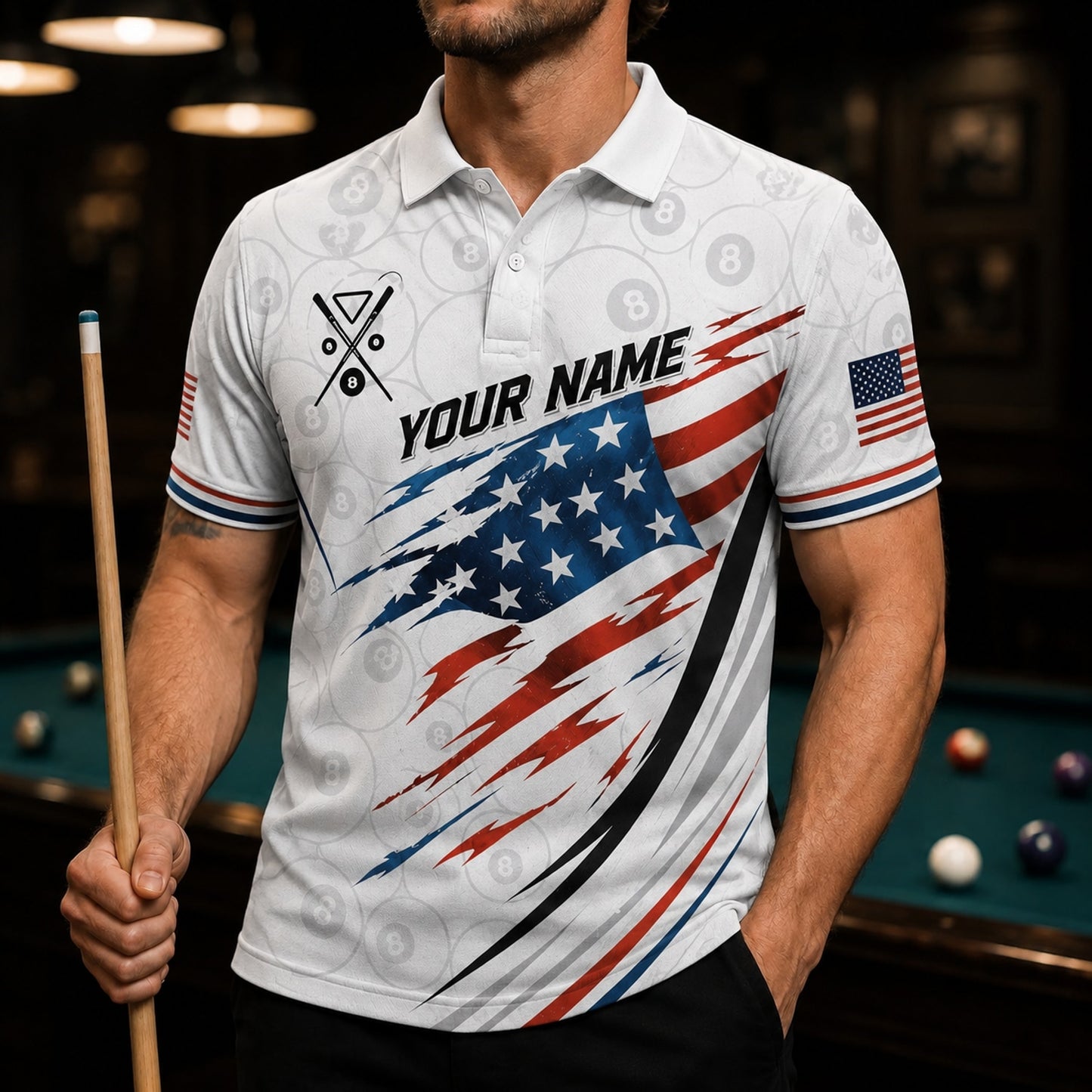 American Flag Billiards Custom Billiard Polo Shirt Front View