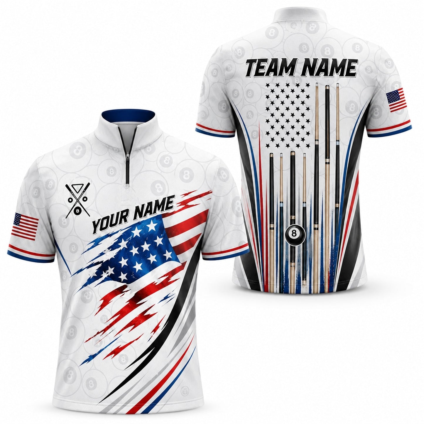 American Flag Billiards Custom Billiard Polo Shirt Jersey Zip 1 4 Collar