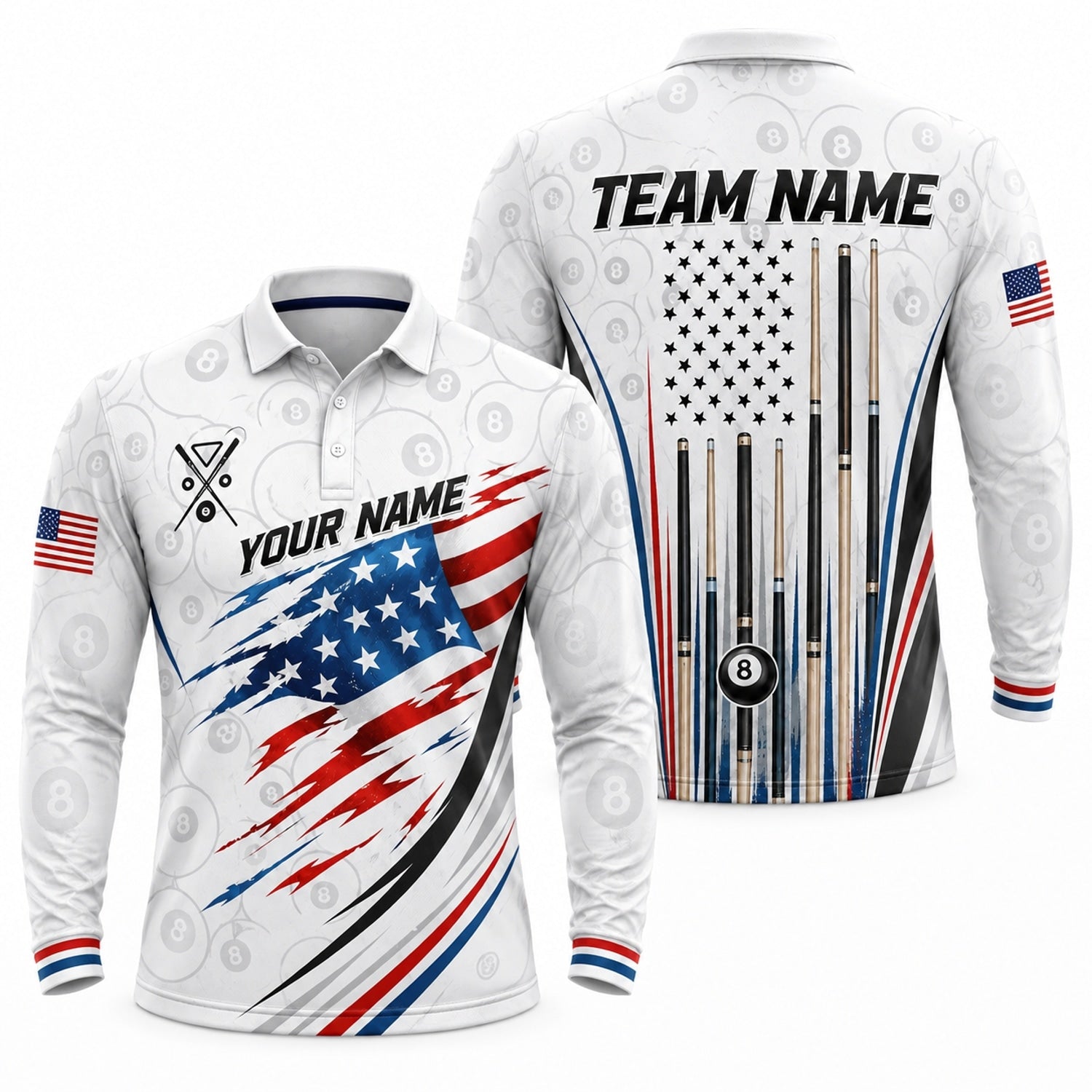 American Flag Billiards Custom Billiard Polo Shirt Long Sleeve Polo