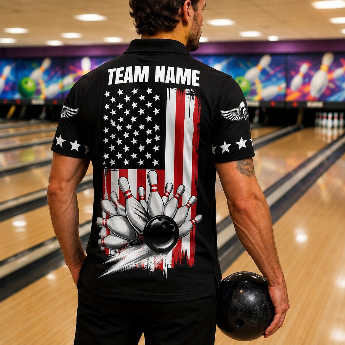 American Flag Bowling Ball Sport Custom Bowling Polo Shirt Back View