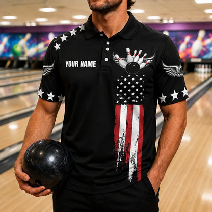 American Flag Bowling Ball Sport Custom Bowling Polo Shirt Front View