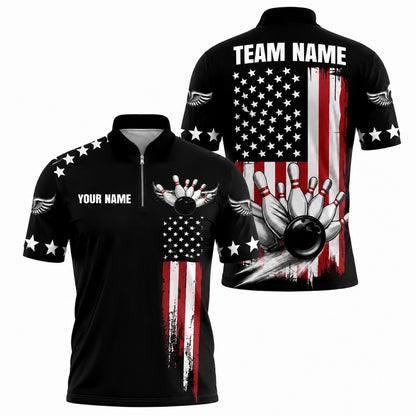 American Flag Bowling Ball Sport Custom Bowling Polo Shirt Jersey Zip 1 4 Collar