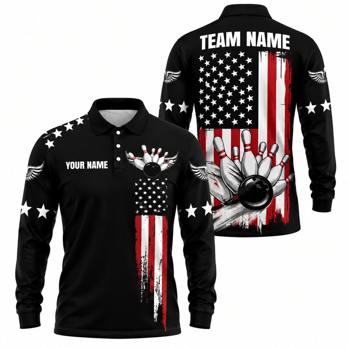 American Flag Bowling Ball Sport Custom Bowling Polo Shirt Long Sleeve Polo