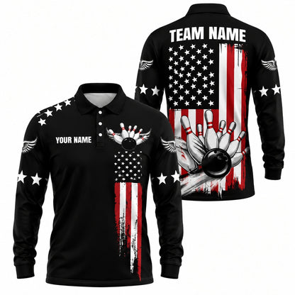 American Flag Bowling Ball Sport Custom Bowling Polo Shirt Long Sleeve Polo