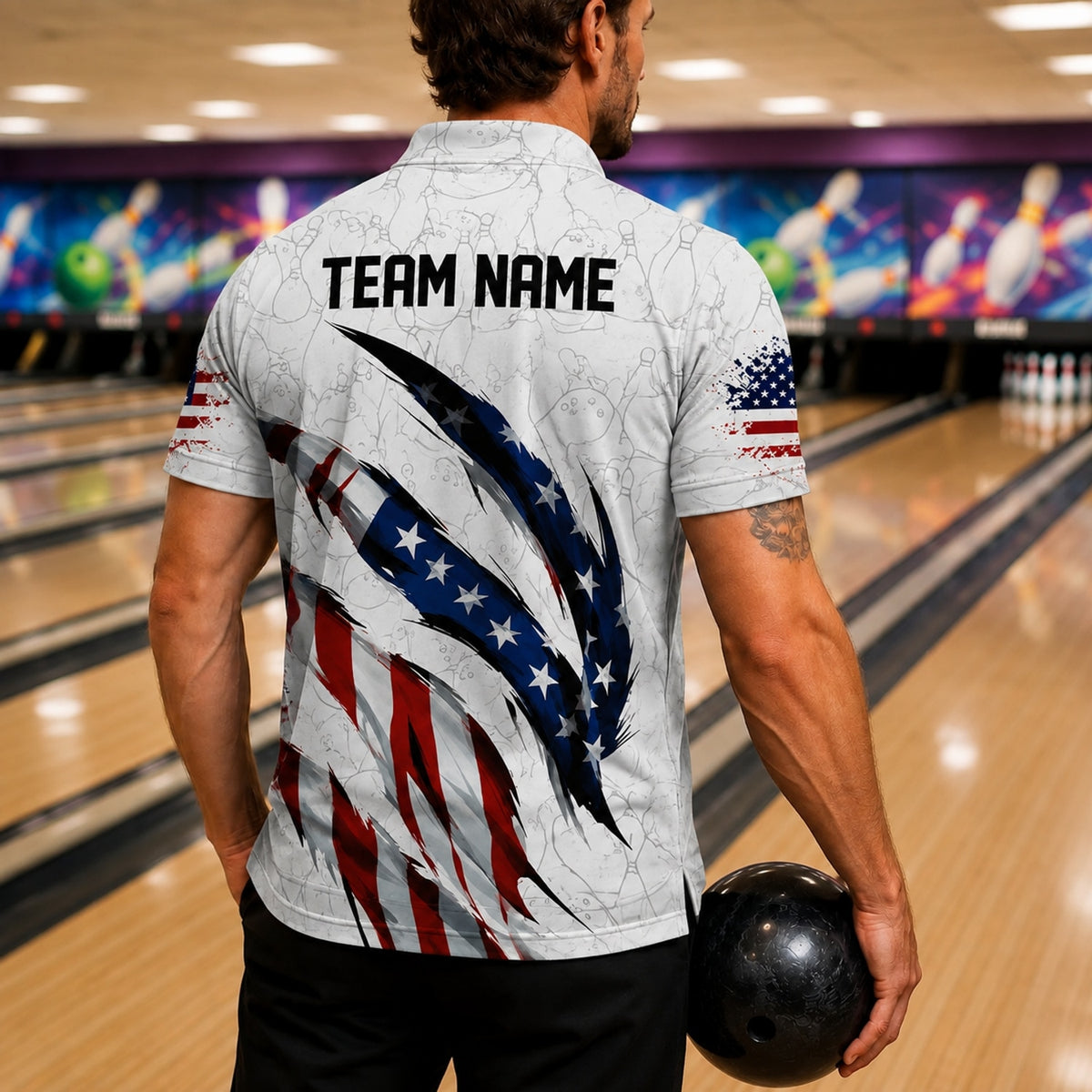 American Flag Bowling Claw Sport Personalized Bowling Polo Shirt Back View