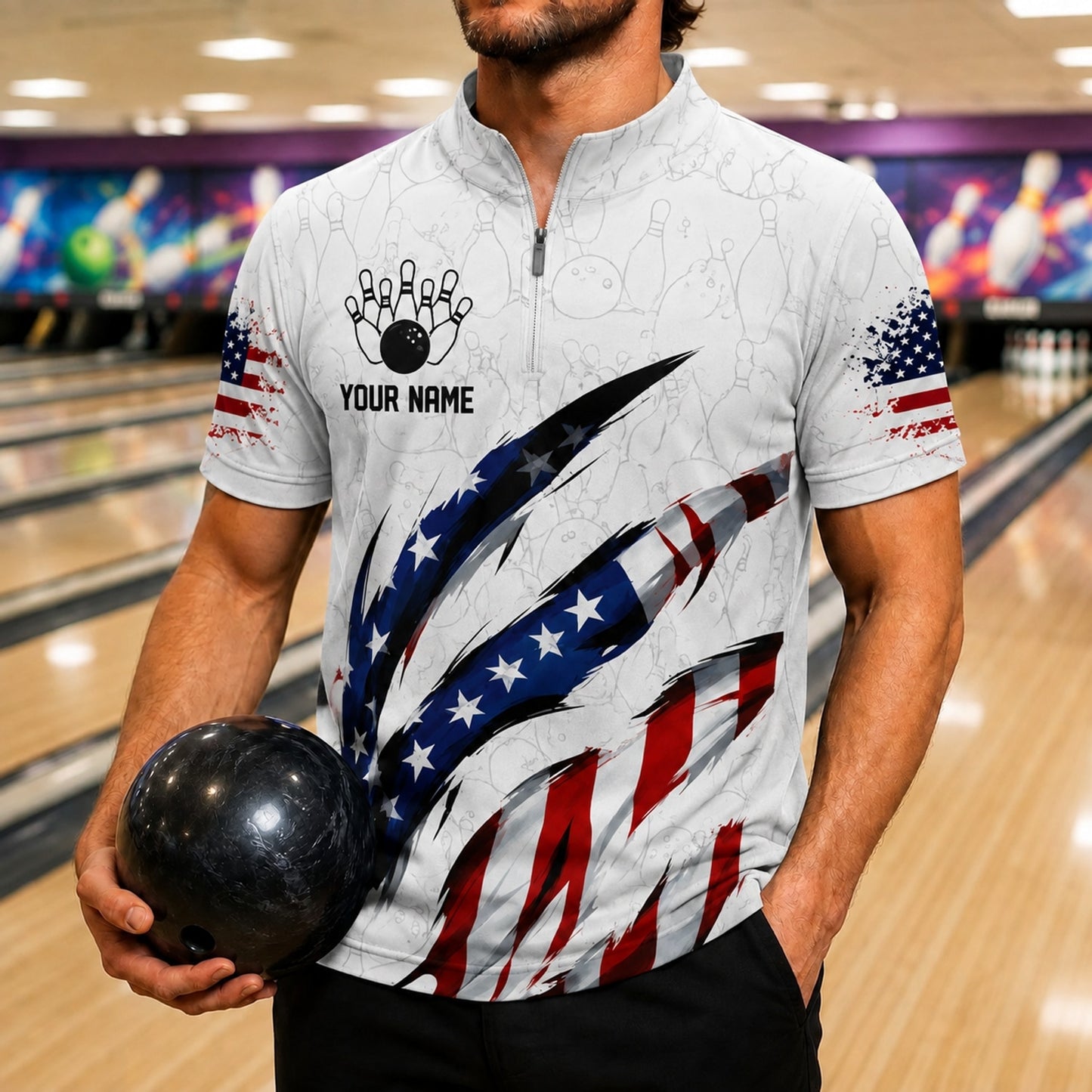 American Flag Bowling Claw Sport Personalized Bowling Polo Shirt Front View