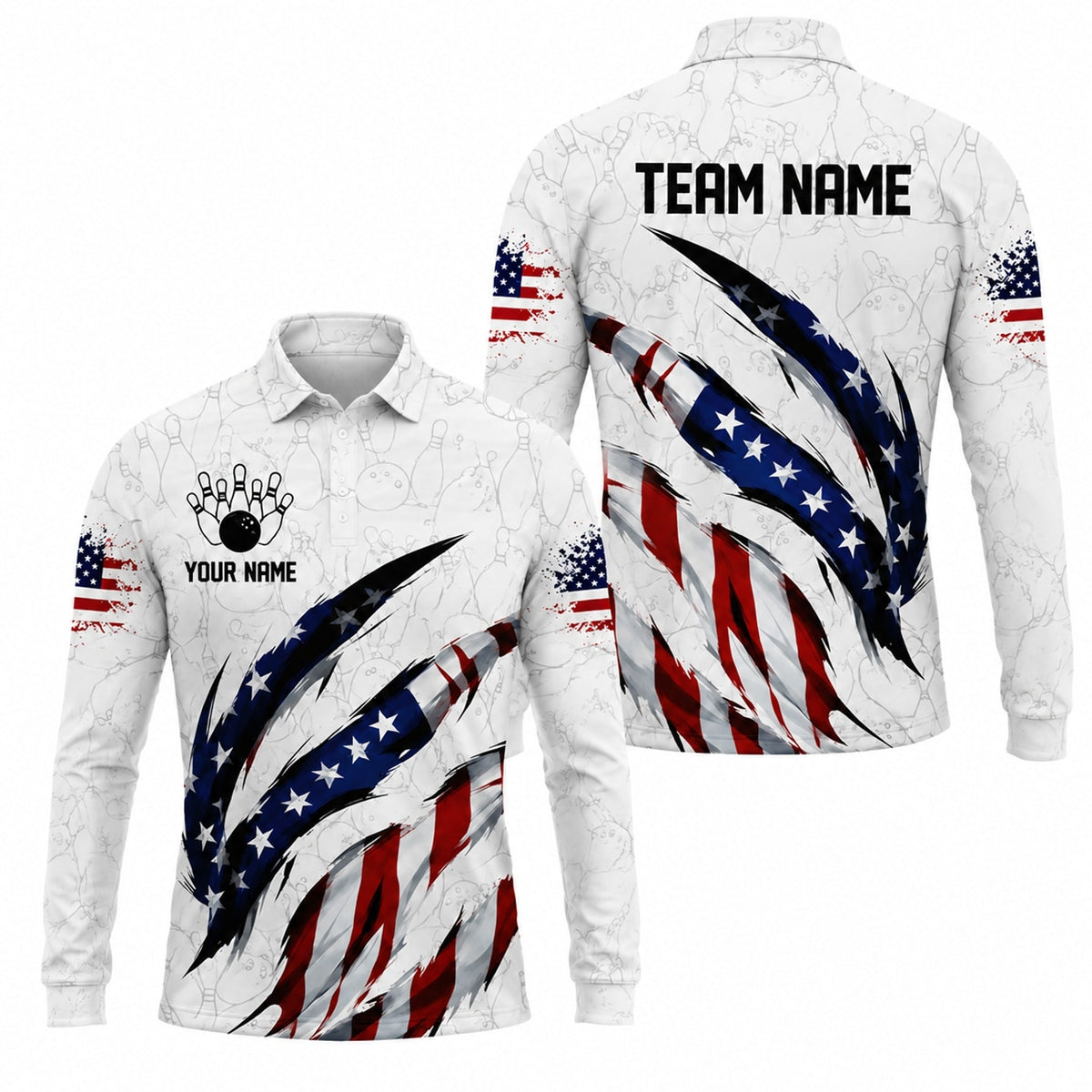 American Flag Bowling Claw Sport Personalized Bowling Polo Shirt Long Sleeve Polo