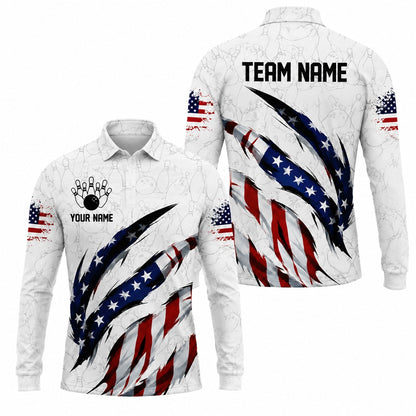 American Flag Bowling Claw Sport Personalized Bowling Polo Shirt Long Sleeve Polo