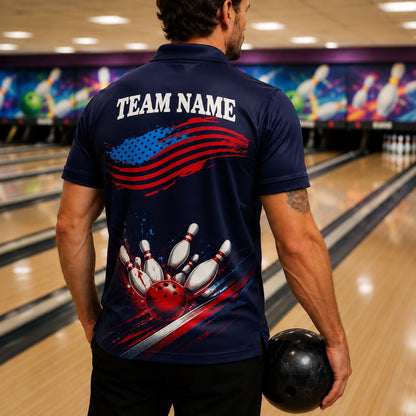 American Flag Bowling Strike Sport Custom Bowling Polo Shirt Back View