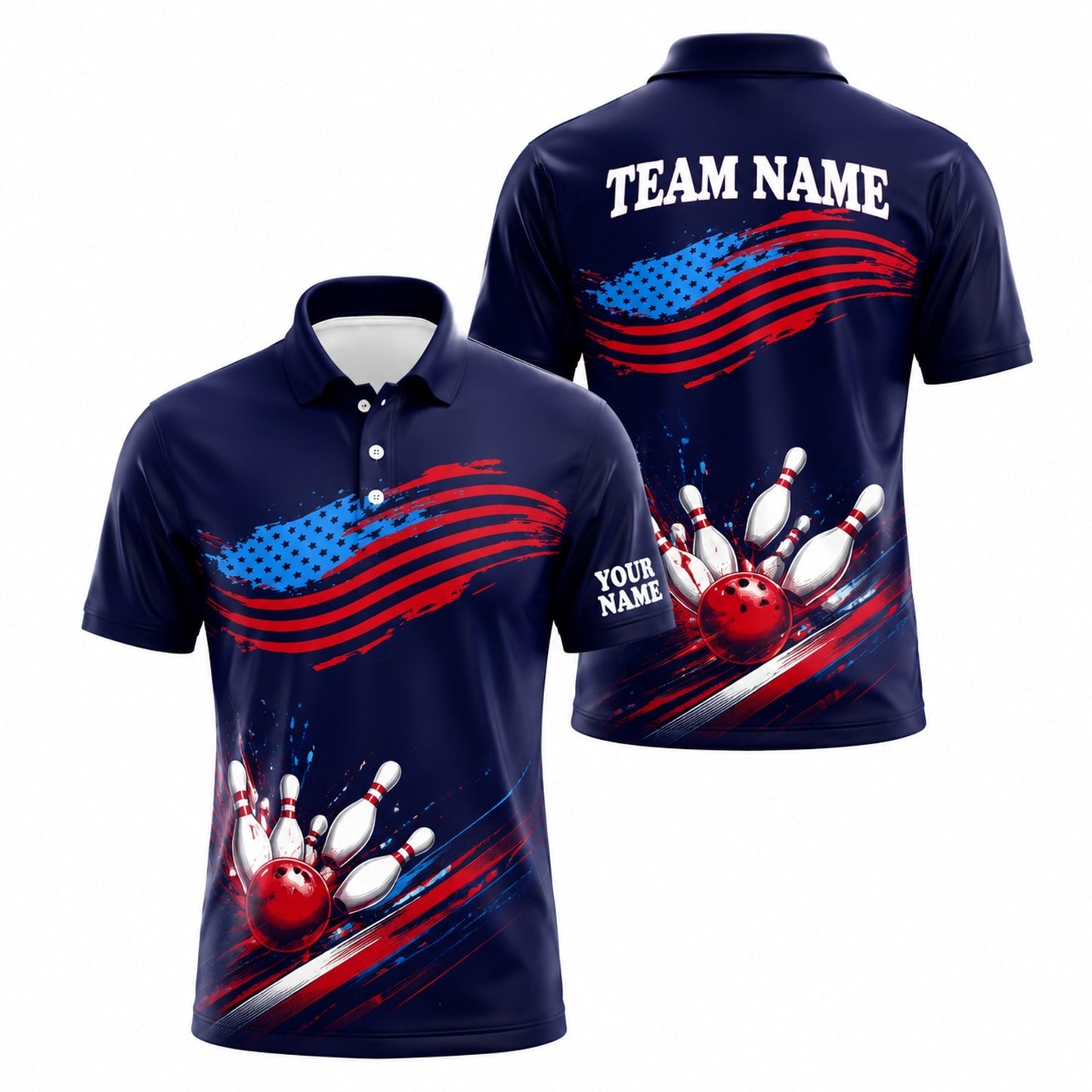 American Flag Bowling Strike Sport Custom Bowling Polo Shirt