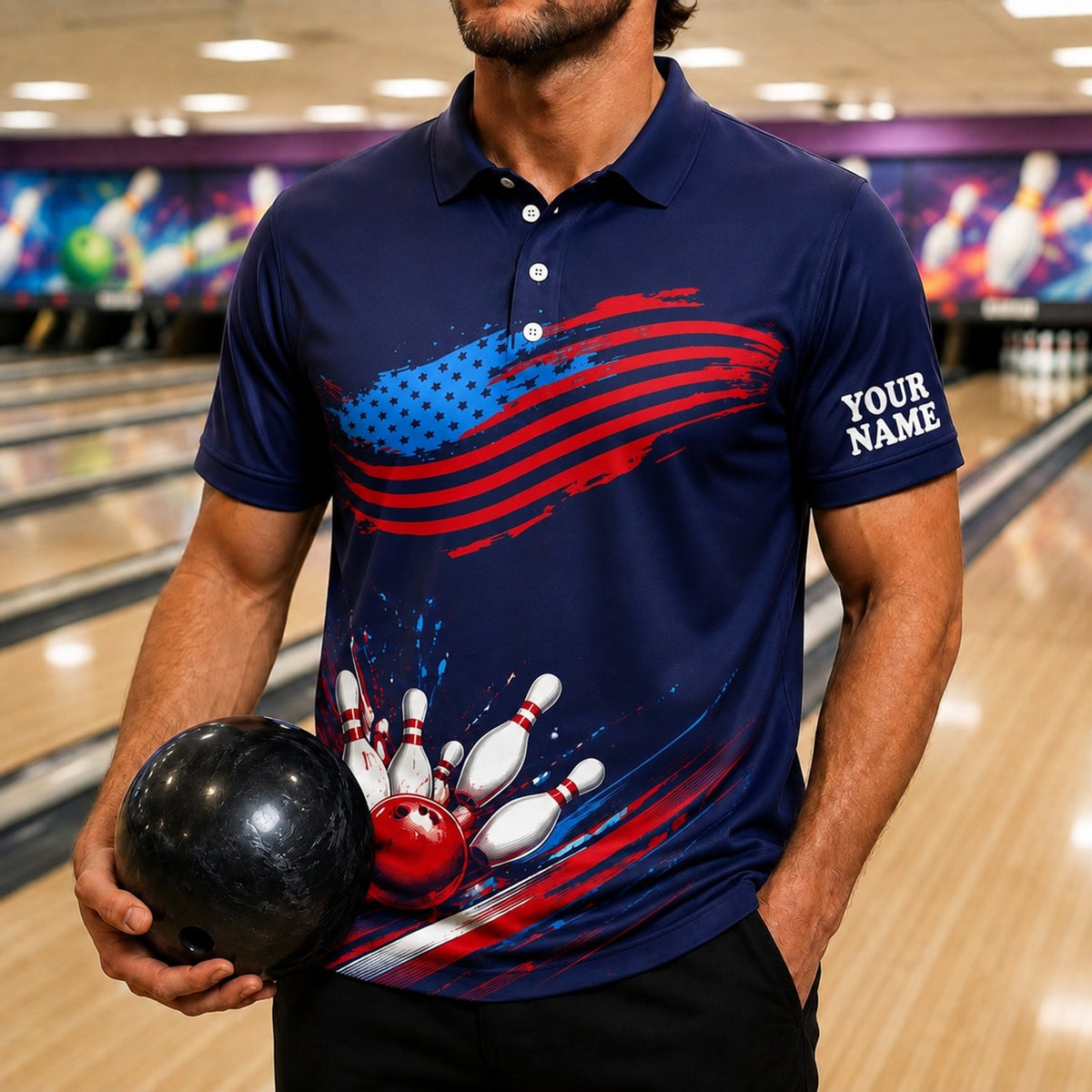 American Flag Bowling Strike Sport Custom Bowling Polo Shirt Front View